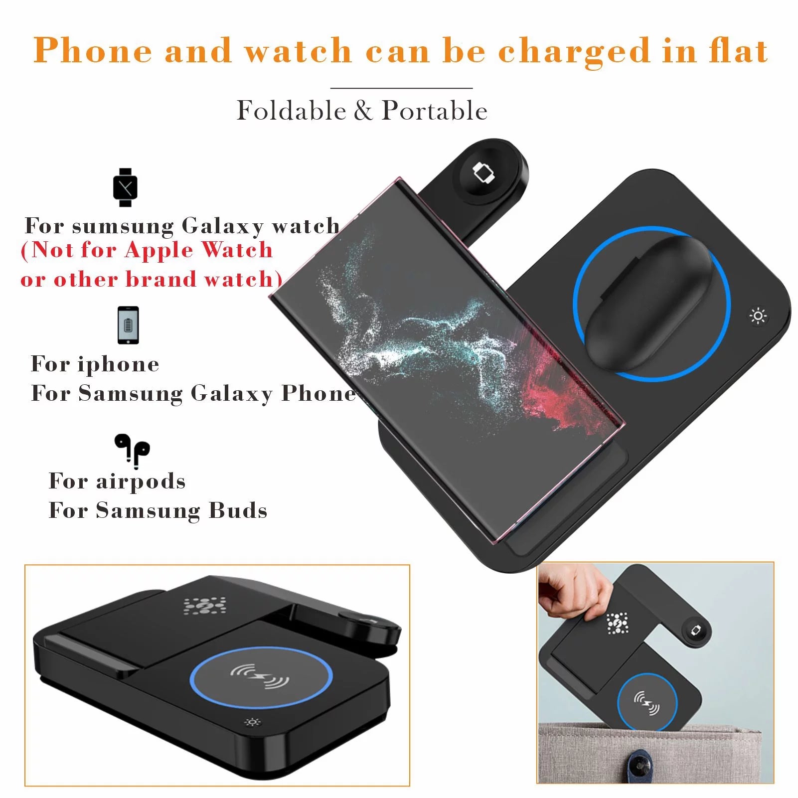4 in 1 Wireless Charging Station for Samsung & Android Multiple Devices Foldable Fast Wireless Charger Dock Stand for Phone Galaxy Z Flip 4/3 Z Fold S23 S22 S20 Ultra, Galaxy Watch 5/4/3 Galaxy Buds
