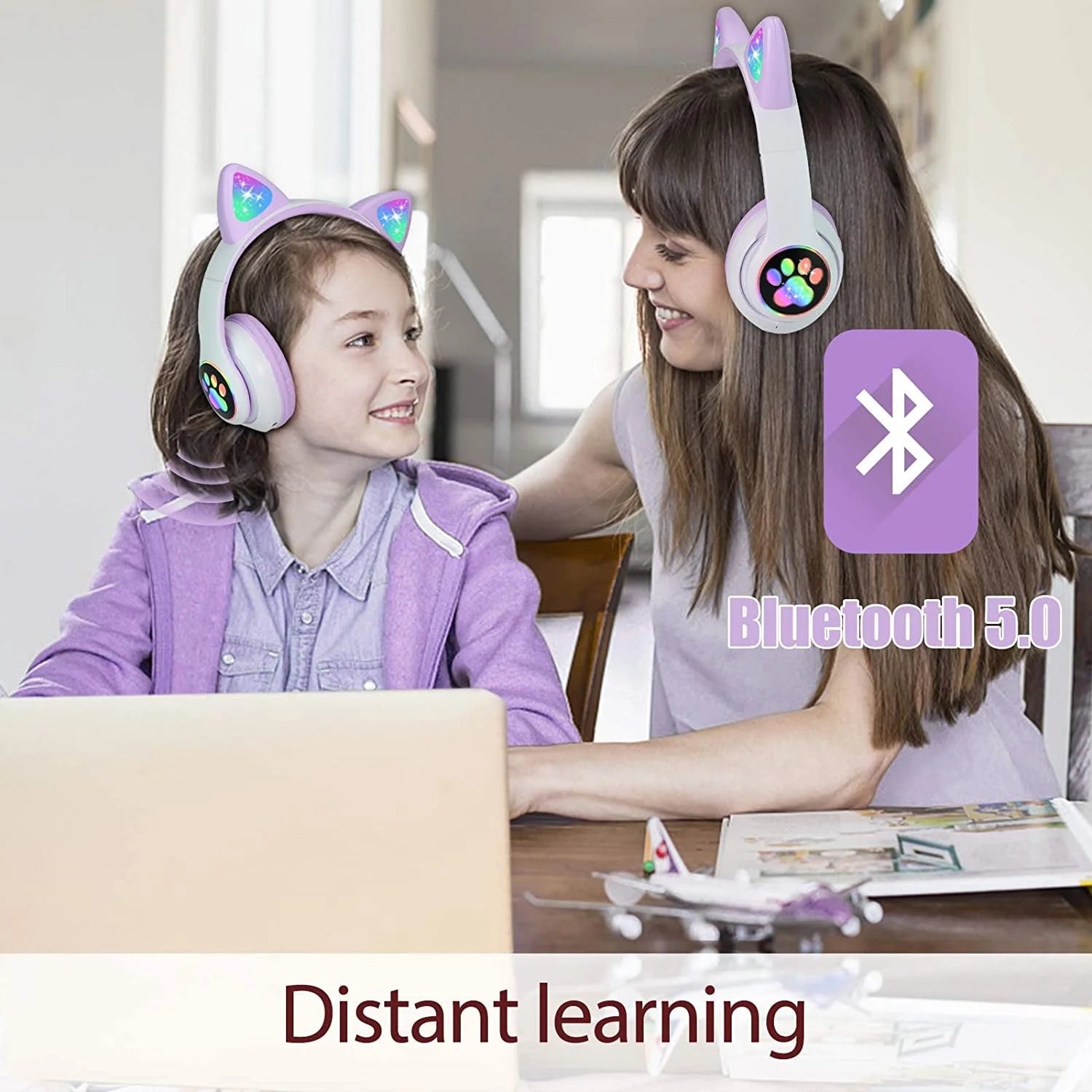 Wireless Headphones  Cat Ear LED Light up Bluetooth Foldable Headphones over Ear W/Microphone for Online Distant