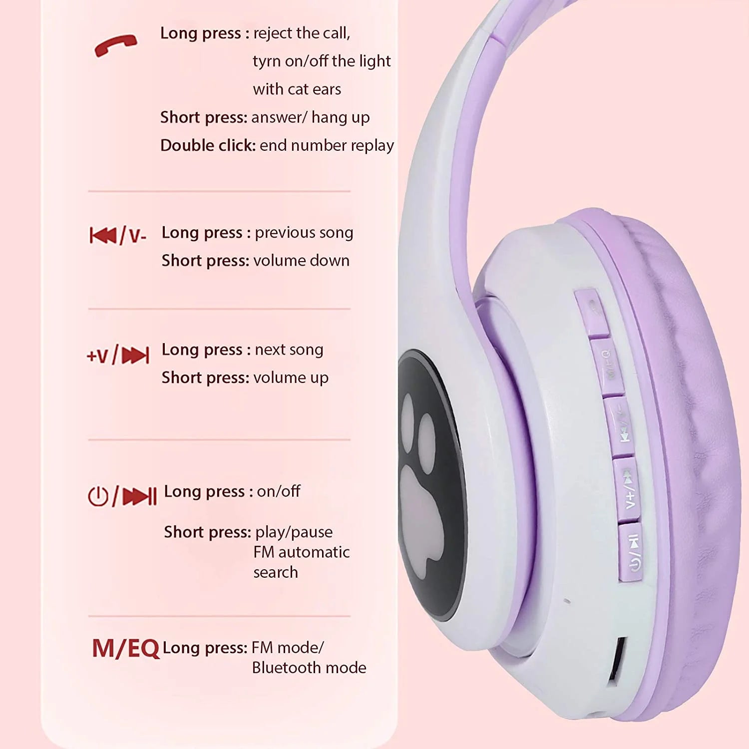 Wireless Headphones  Cat Ear LED Light up Bluetooth Foldable Headphones over Ear W/Microphone for Online Distant