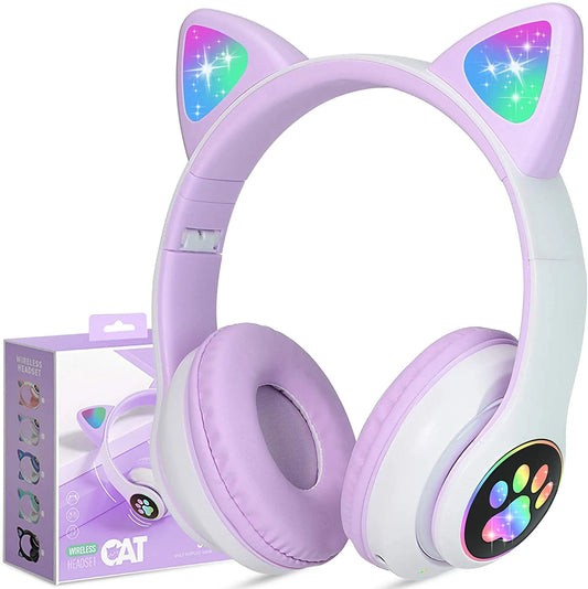 Wireless Headphones  Cat Ear LED Light up Bluetooth Foldable Headphones over Ear W/Microphone for Online Distant